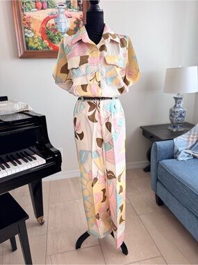Vintage-Inspired Pastel Print Women's Pants Set - Pink, Mint & Cream